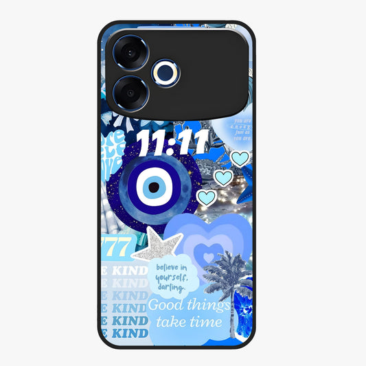 Aesthetic Be Kind Eye Glass Case showing flat back view with motivational eye artwork and glossy glass finish.