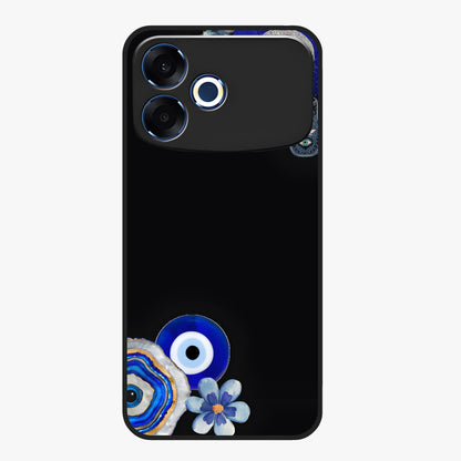 Aesthetic Blue Evil Eye Glass Case showing flat back view with protective evil eye artwork and glossy glass finish.