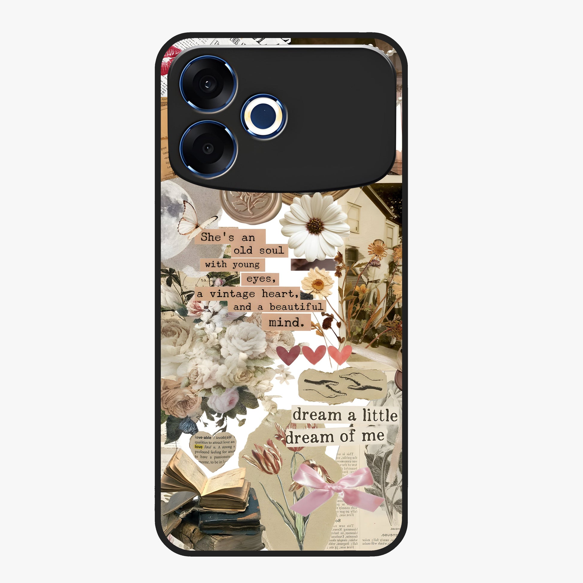 Aesthetic Brown Vintage Collage Glass Case showing flat back view with retro collage artwork and glossy glass finish.