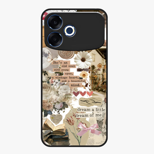 Aesthetic Brown Vintage Collage Glass Case showing flat back view with retro collage artwork and glossy glass finish.