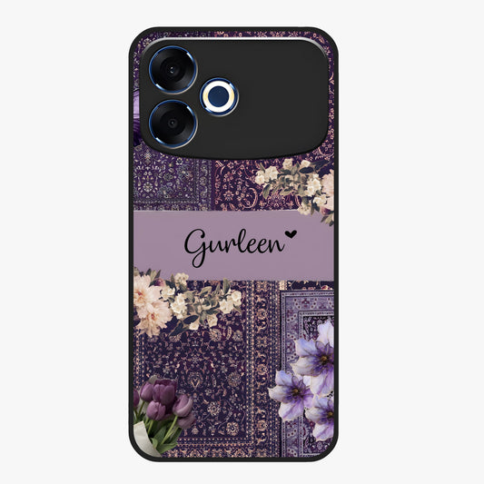Antique Floral Whisper Custom Name Glass Case showing flat back view with vintage floral artwork and personalized name design.
