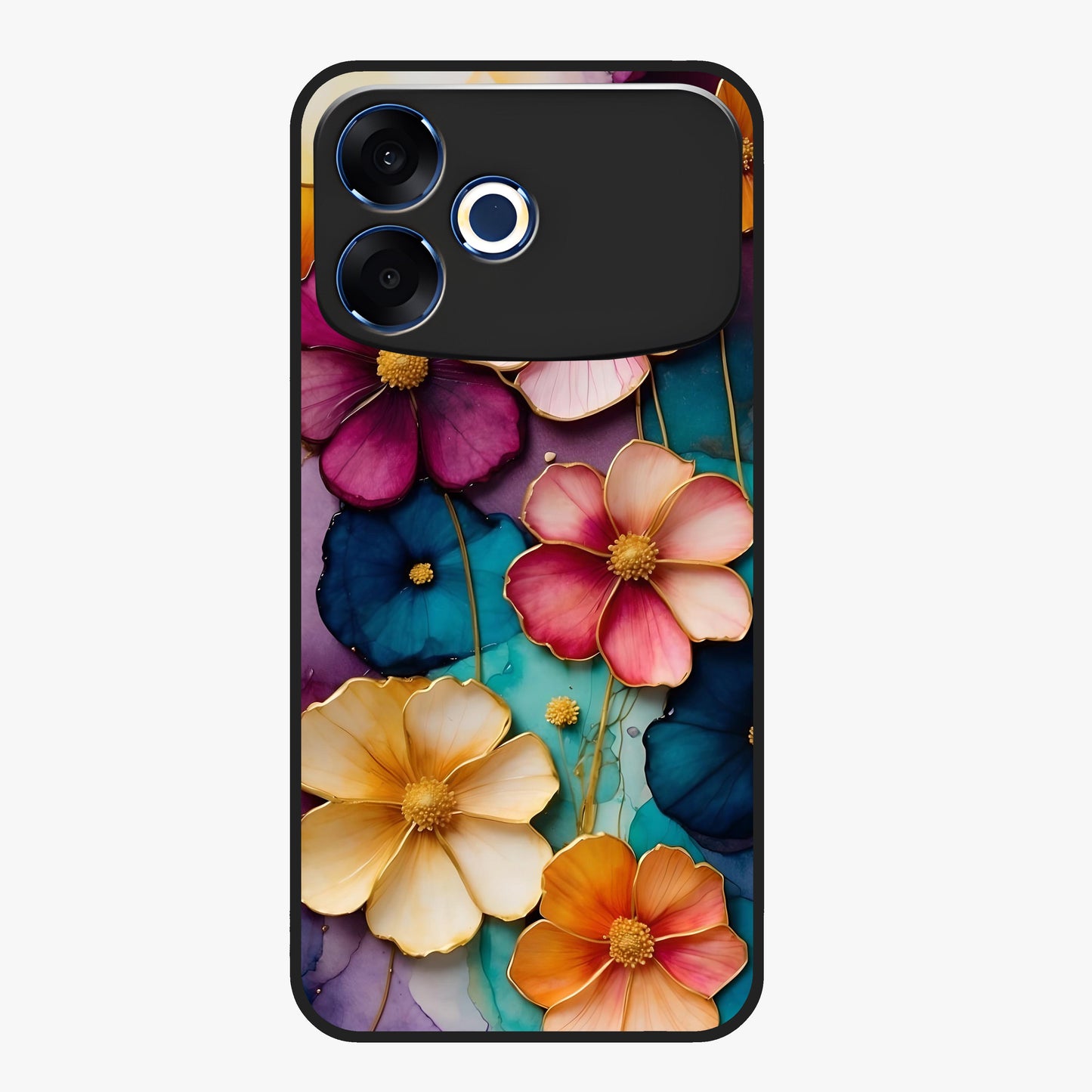 Artlyn Grace Flower Pattern Glass Case showing flat back view with elegant floral pattern artwork and glossy glass finish.