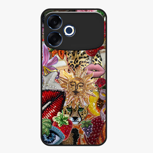 Beaded Fashion Jungle Glass Case showing flat back view with vibrant jungle inspired bead artwork and glossy glass finish.