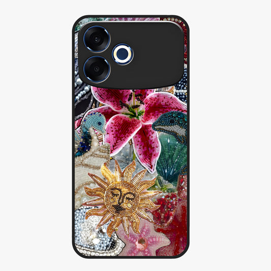 Beaded Garden Fantasy Glass Case showing flat back view with dreamy garden bead artwork and glossy glass finish.