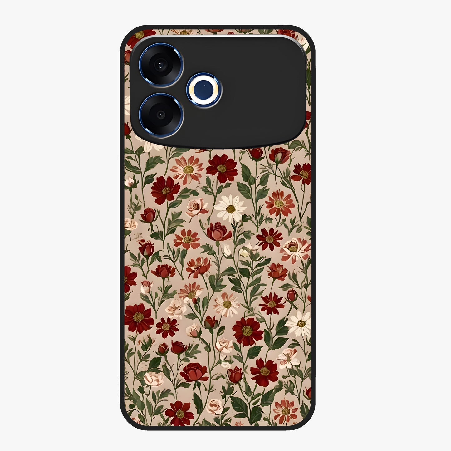 Biege Flower With Leaf Glass Case showing flat back view with soft beige floral artwork and glossy glass finish.