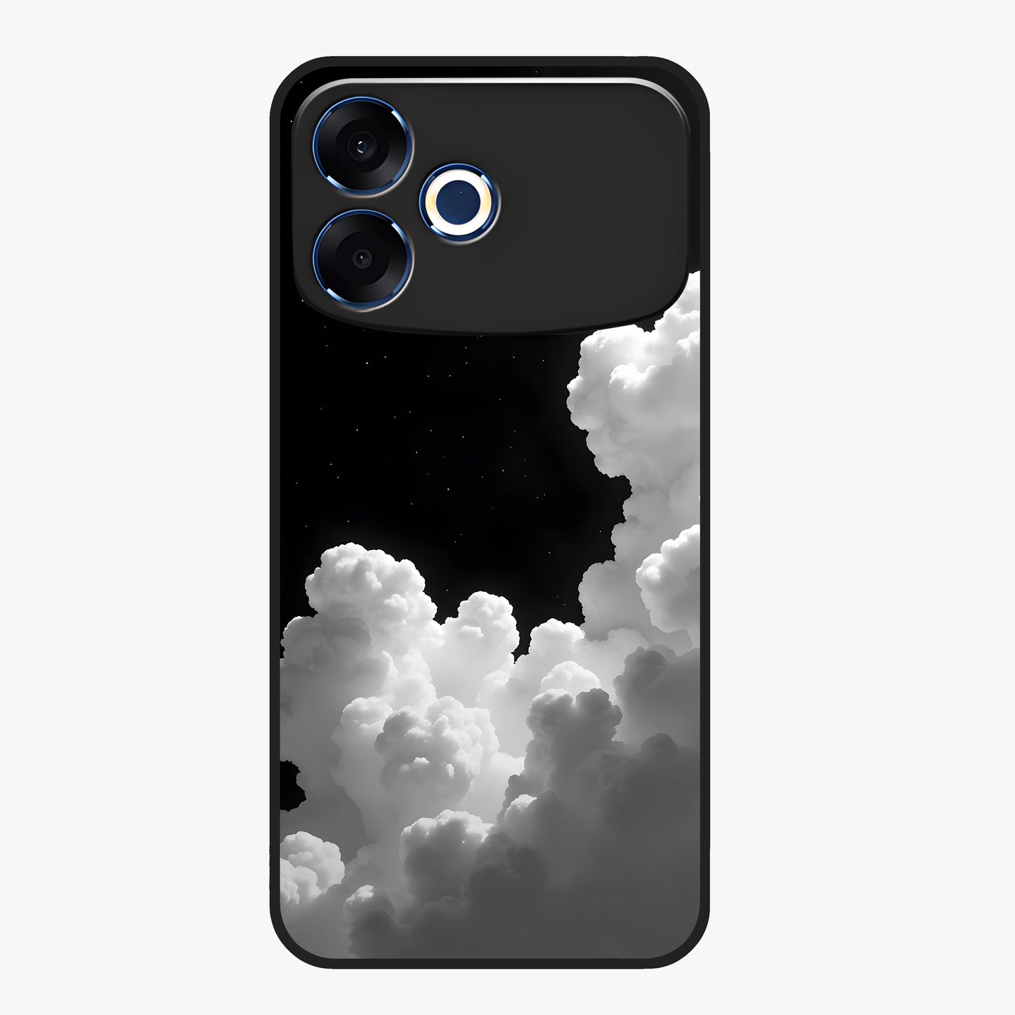 Black Background With White Cloud Glass Case showing flat back view with minimal cloud artwork on dark background and glossy glass finish.