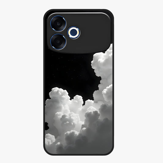 Black Background With White Cloud Glass Case showing flat back view with minimal cloud artwork on dark background and glossy glass finish.