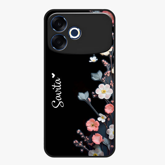 Black Elegance Floral Custom Name Glass Case showing flat back view with elegant floral artwork and personalized name design.