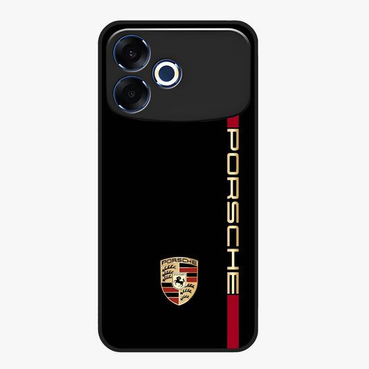 Black Minimal Porsche Glass Case showing flat back view with sleek minimal sports car artwork and glossy glass finish.
