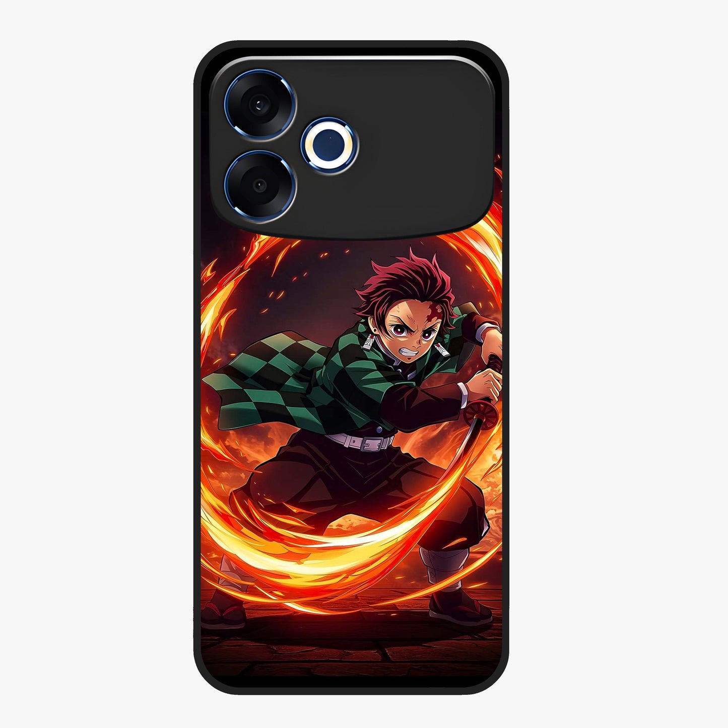 Blazing Sword Resolve Glass Case showing flat back view with fiery sword artwork and glossy glass finish.