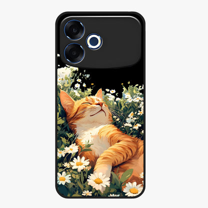Blissful Bloom Cat Glass Case showing flat back view with cute cat and floral bloom artwork and glossy glass finish.