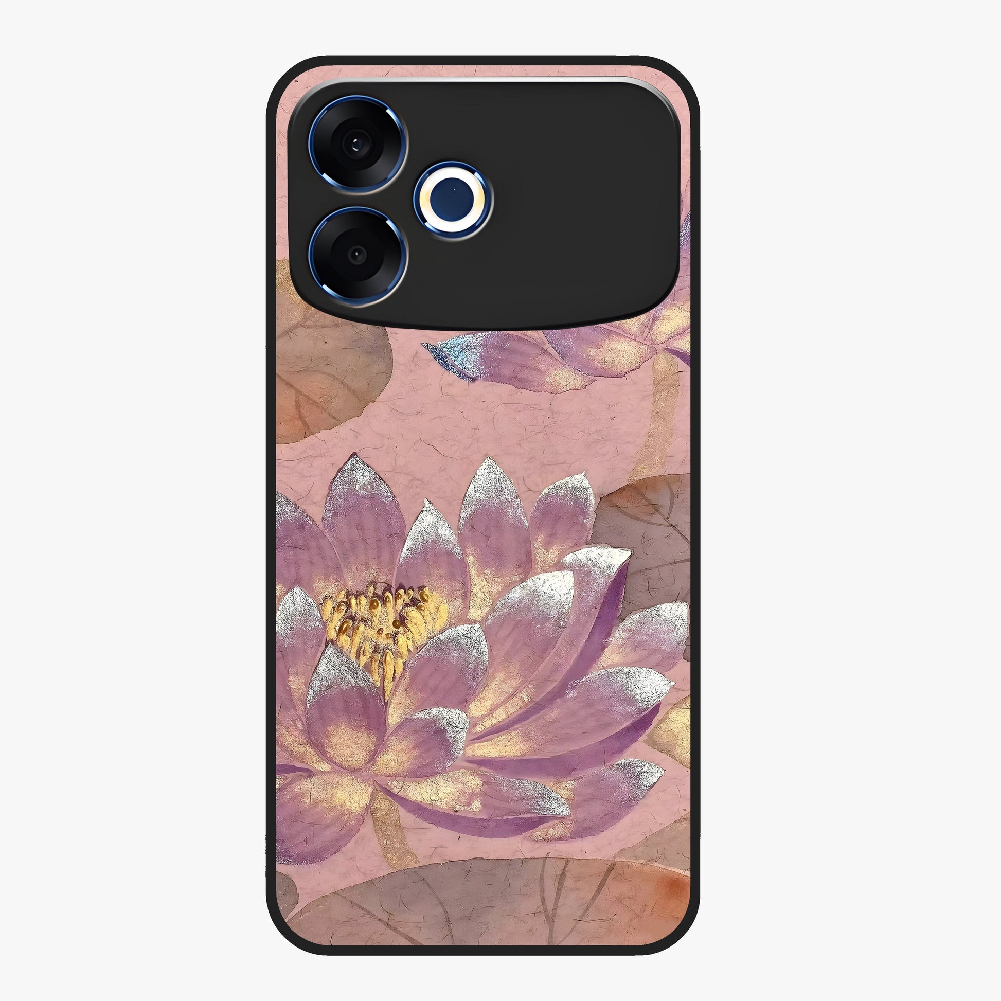 Blossom Mist Lotus Glass Case showing flat back view with serene lotus blossom artwork and glossy glass finish.