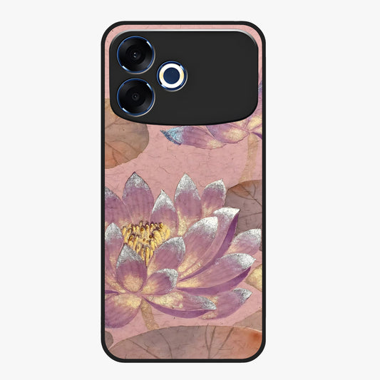 Blossom Mist Lotus Glass Case showing flat back view with serene lotus blossom artwork and glossy glass finish.