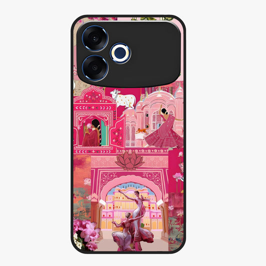 Blossoms of Rajasthan Glass Case showing flat back view with traditional floral artwork inspired by Rajasthan and glossy glass finish.