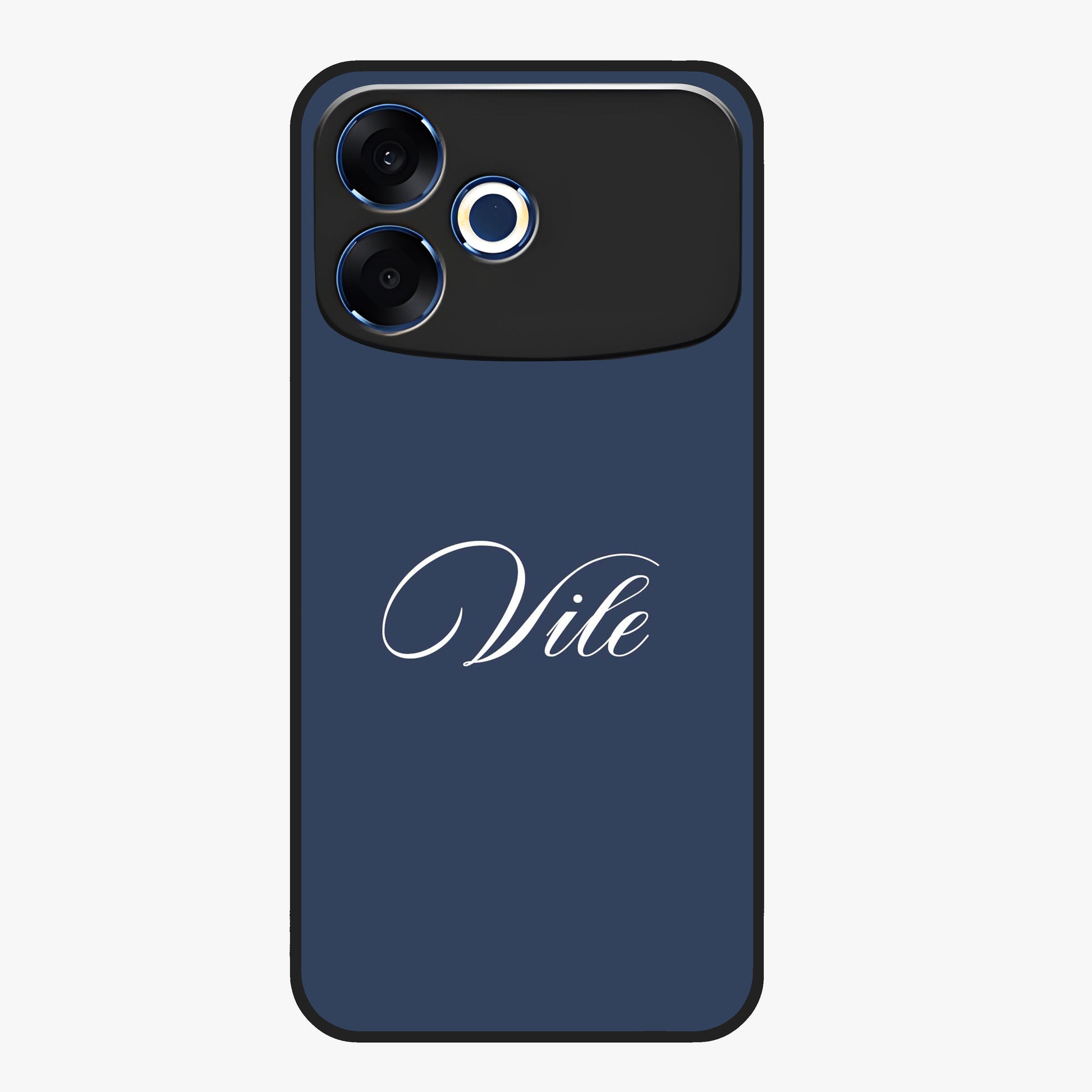 Blue Background Personalized Custom Name Glass Case showing flat back view with minimal blue background and custom name design.