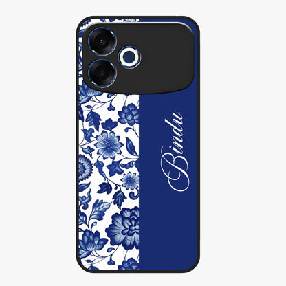 Blue Vintage Floral Pattern Glass Case upright view showcasing timeless floral illustration with vintage inspired style.