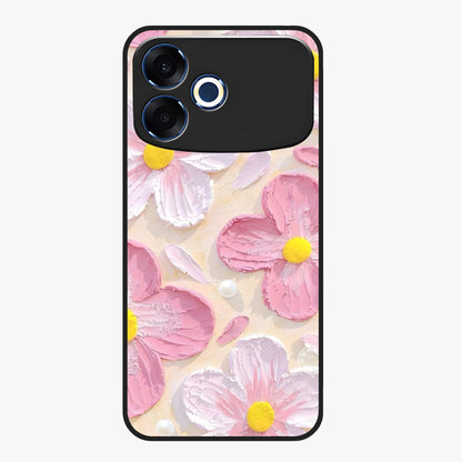 Blush Bloom Texture Glass Case showing flat back view with soft blush floral texture artwork and glossy glass finish.