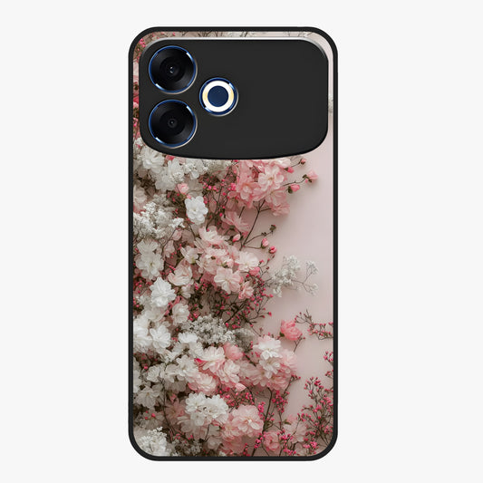 Blush Blossom Cloud Glass Case showing flat back view with dreamy blush cloud blossom artwork and glossy glass finish.