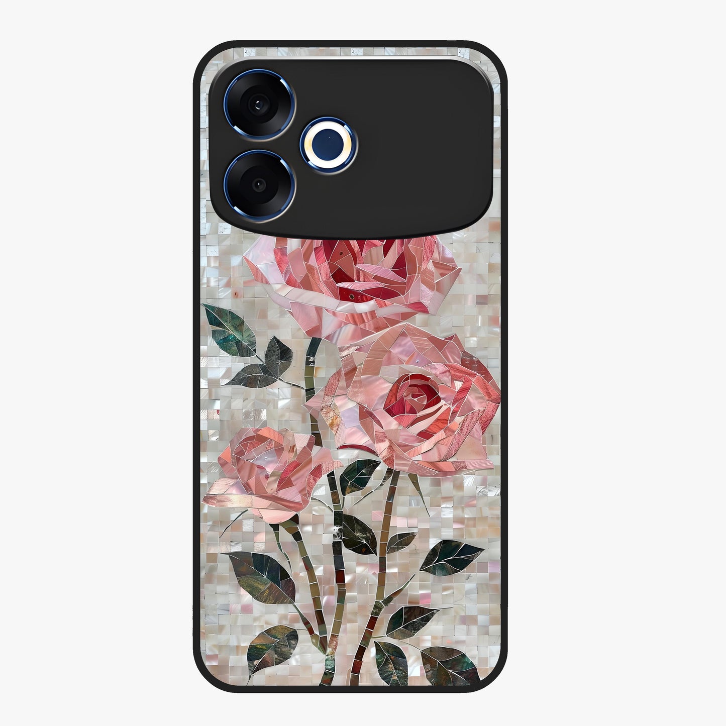 Blush Mosaic Bloom Glass Case showing flat back view with mosaic floral bloom artwork and glossy glass finish.