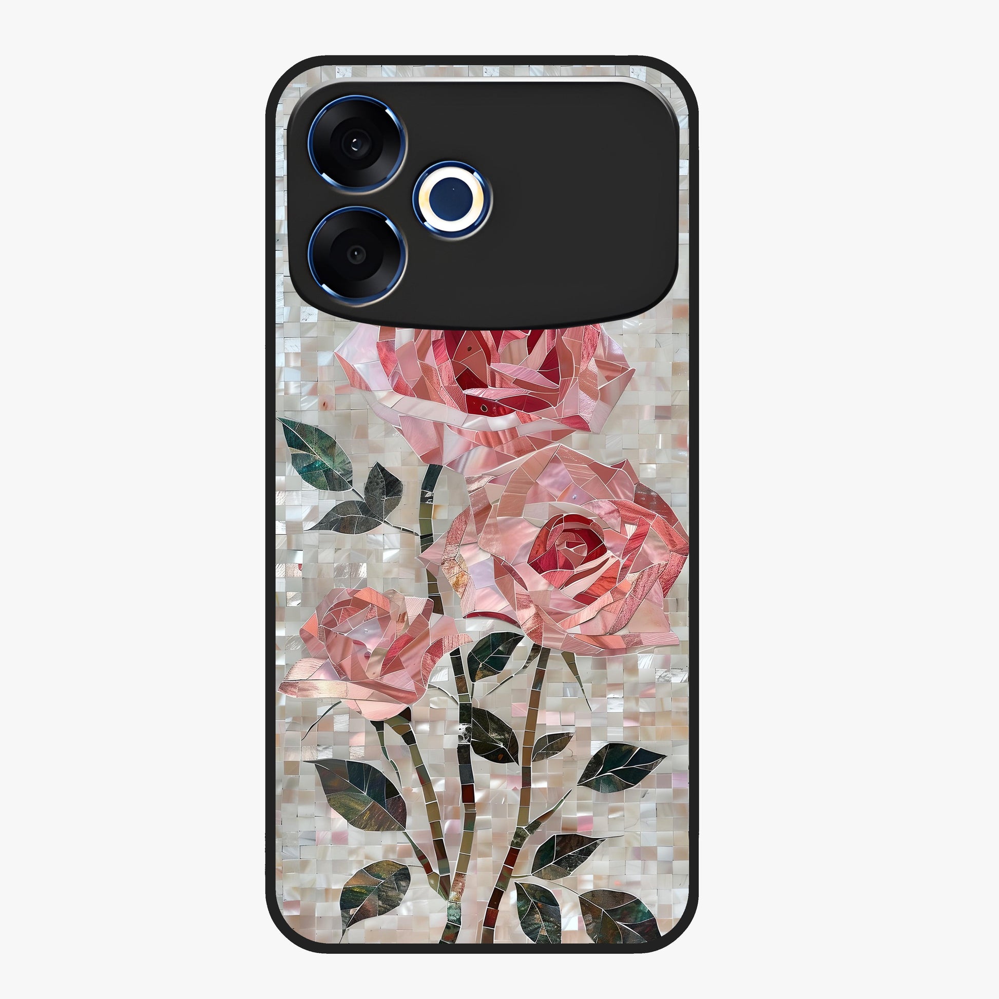 Blush Mosaic Bloom Glass Case showing flat back view with mosaic floral bloom artwork and glossy glass finish.