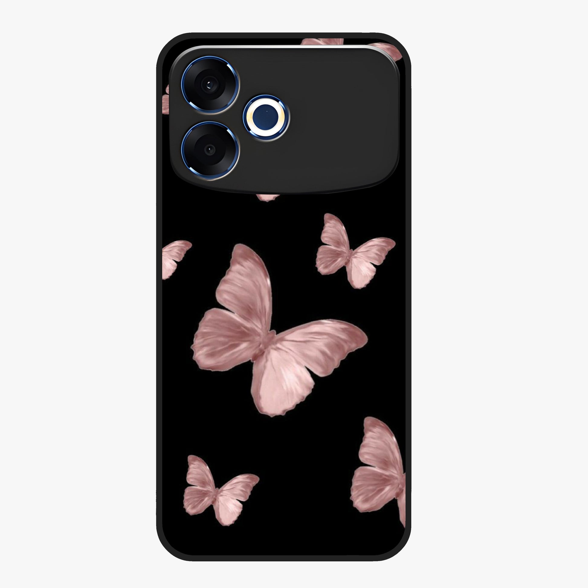 Butterfly Pattern Glass Case showing flat back view with elegant butterfly pattern artwork and glossy glass finish.