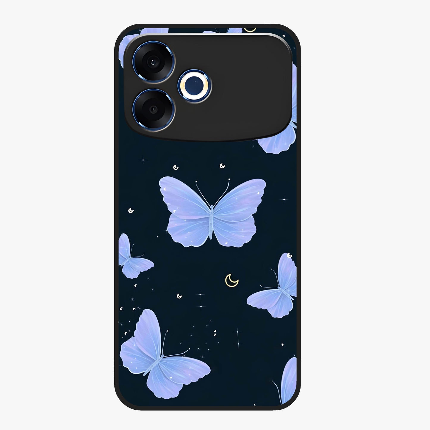 Butterfly With Stars Pattern Glass Case showing flat back view with butterfly and star pattern artwork and glossy glass finish.