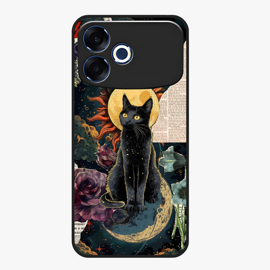 Celestial Black Cat Glass Case showing flat back view with mystical black cat artwork and glossy glass finish.