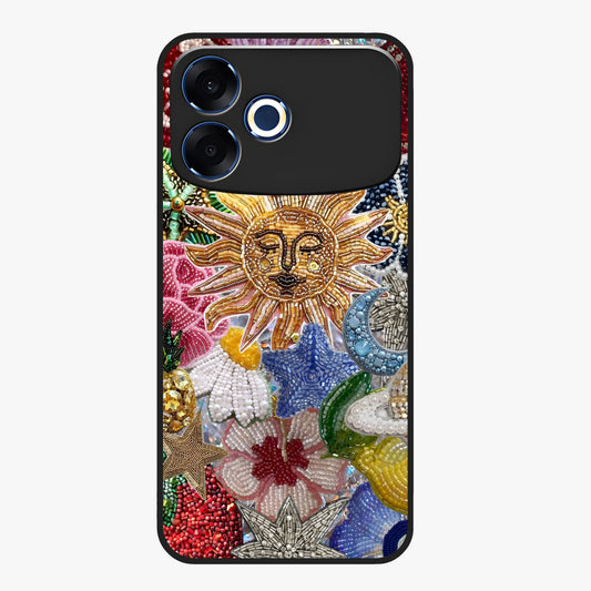 Celestial Floral and Playful Glass Case showing flat back view with floral and celestial themed artwork and glossy glass finish.