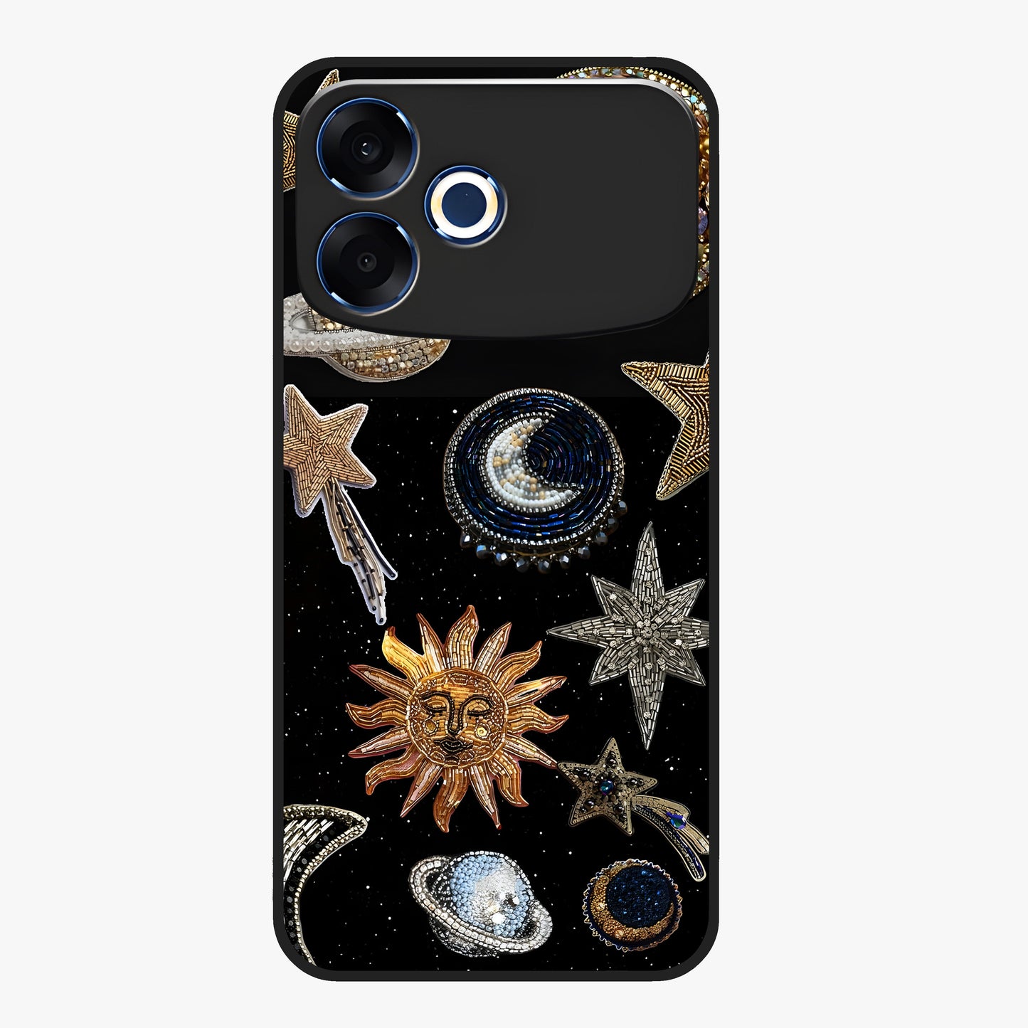 Celestial Gem Constellations Glass Case showing flat back view with sparkling constellation artwork and glossy glass finish.