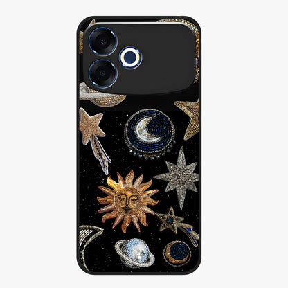 Celestial Gem Constellations Glass Case showing flat back view with sparkling constellation artwork and glossy glass finish.