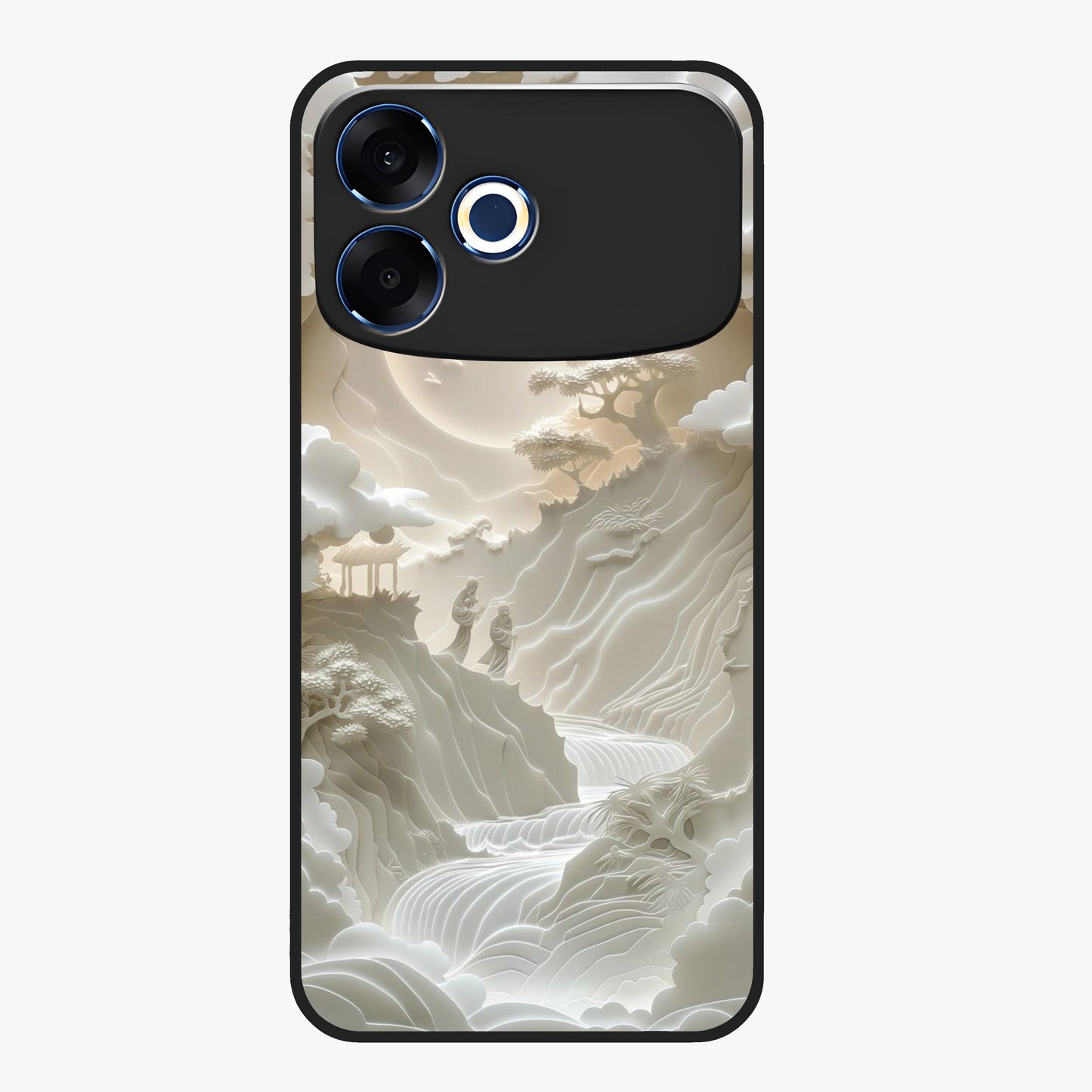 Celestial Origami Glass Case showing flat back view with artistic origami inspired celestial artwork and glossy glass finish.