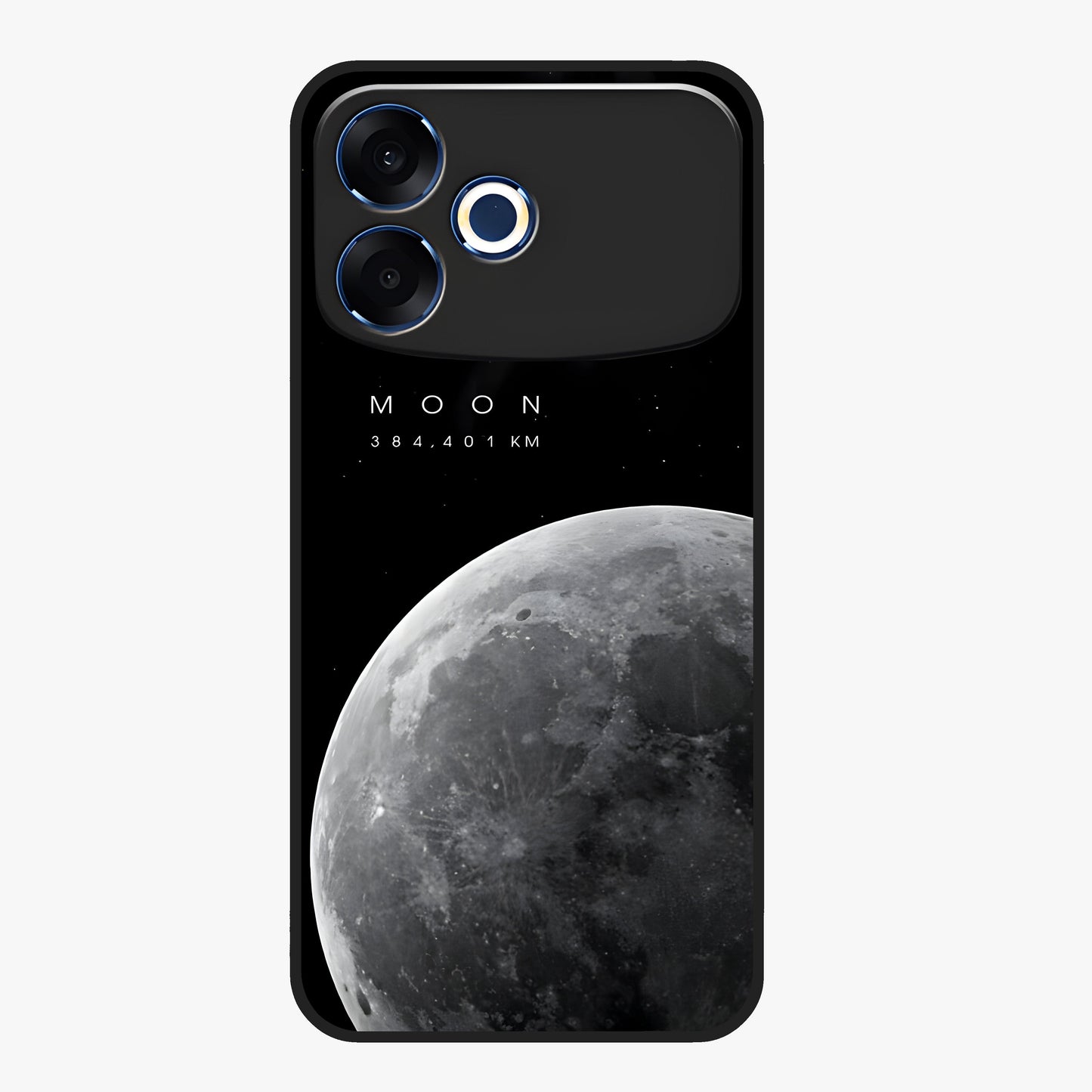 Cosmic Moon Glow Glass Case showing flat back view with glowing moon artwork and glossy glass finish.