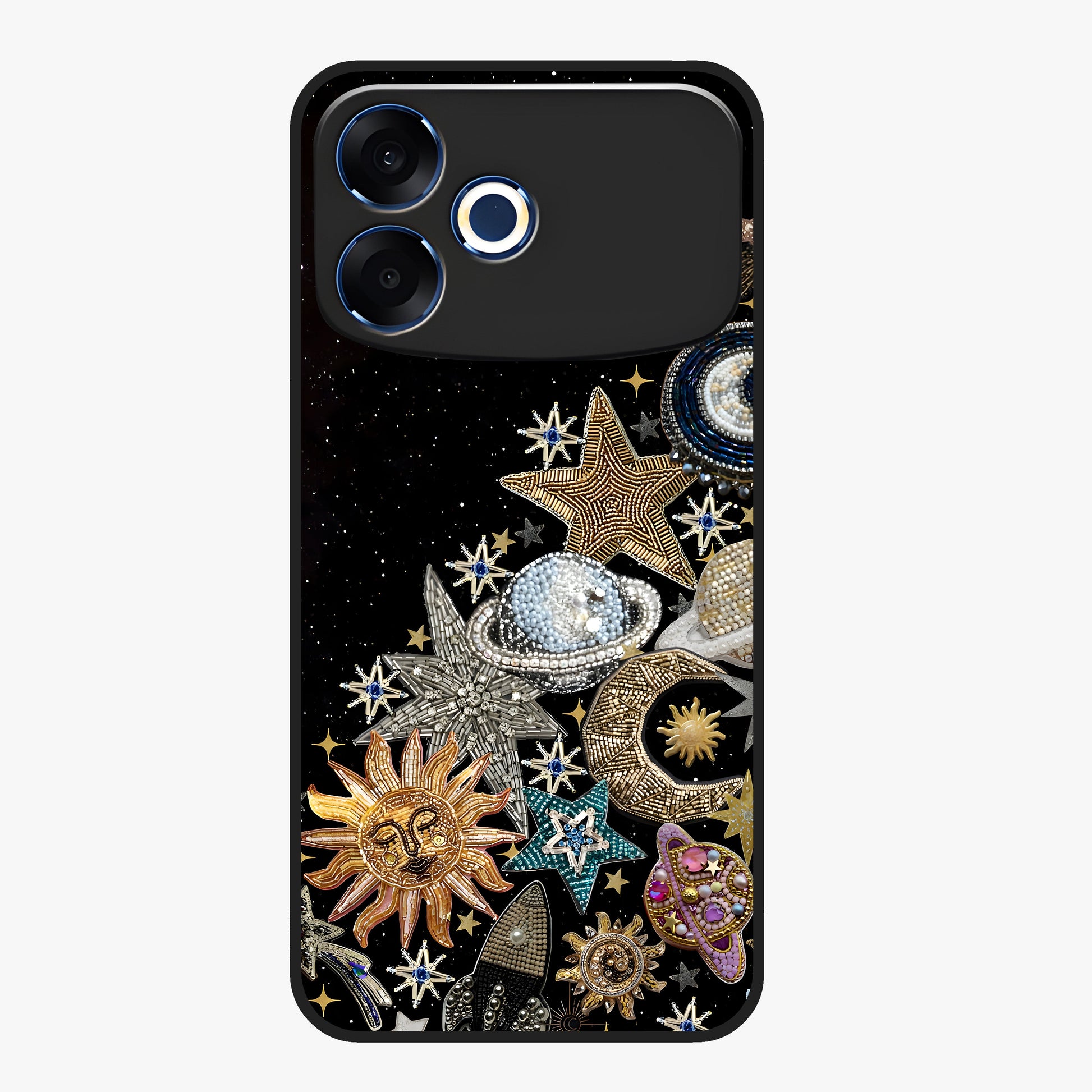 Cosmic Sparkle Dreams Glass Case showing flat back view with sparkling cosmic artwork and glossy glass finish.