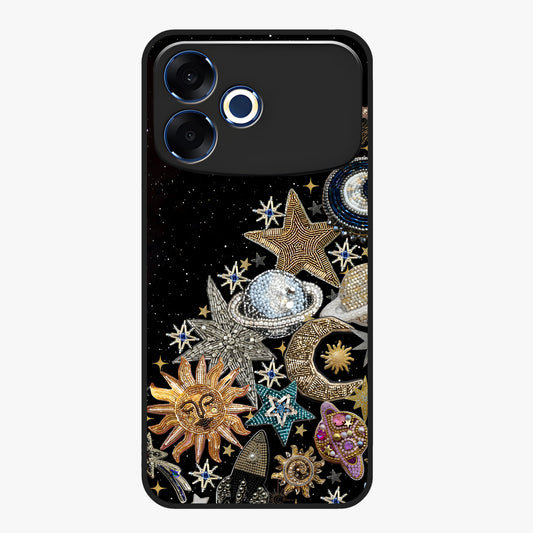 Cosmic Sparkle Dreams Glass Case showing flat back view with sparkling cosmic artwork and glossy glass finish.