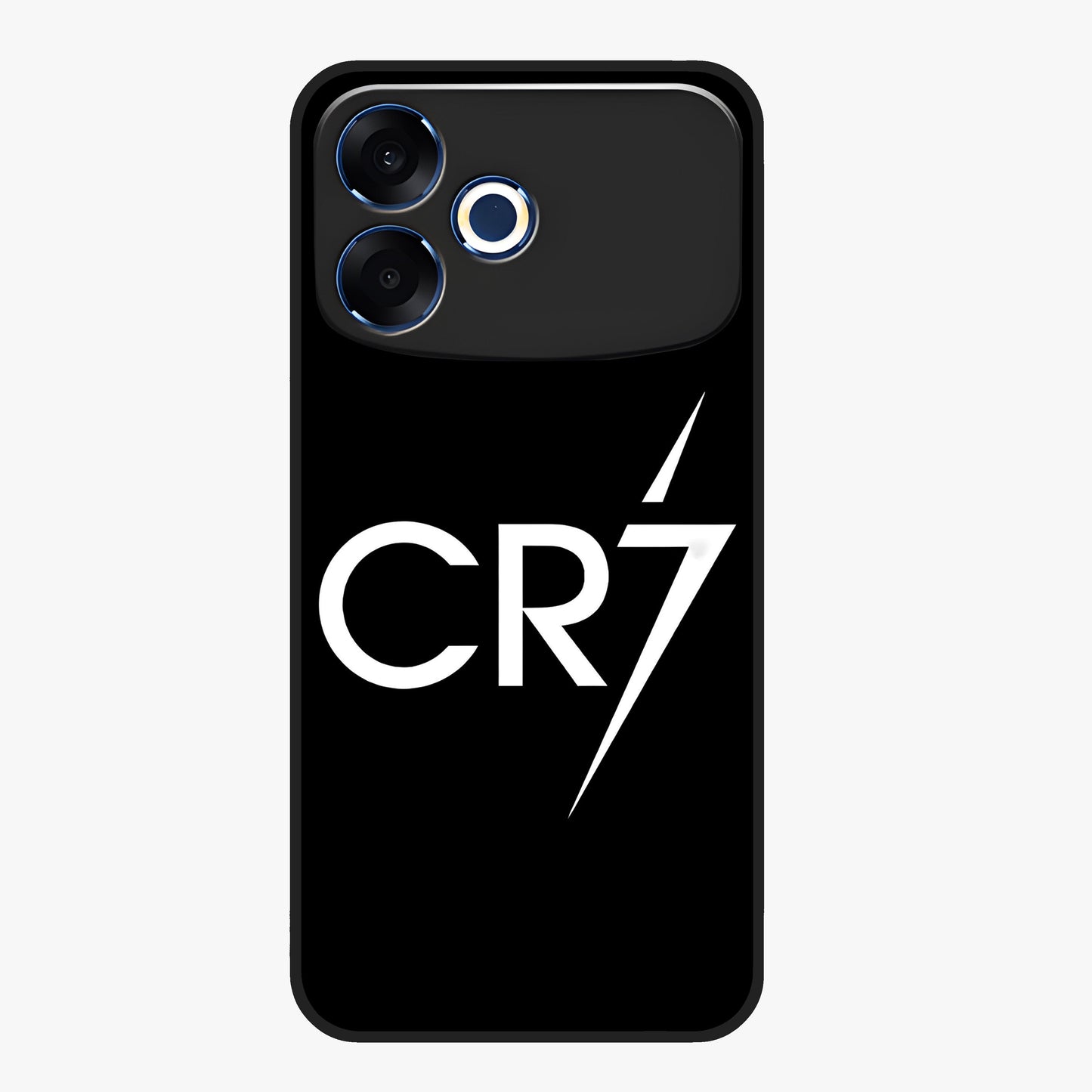 Cr7 Elite Strike Glass Case showing flat back view with dynamic football inspired artwork and glossy glass finish.