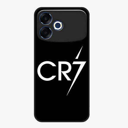 Cr7 Elite Strike Glass Case showing flat back view with dynamic football inspired artwork and glossy glass finish.