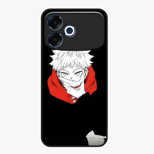 Crimson Chaos Smile Glass Case showing flat back view with bold chaotic smile artwork and glossy glass finish.