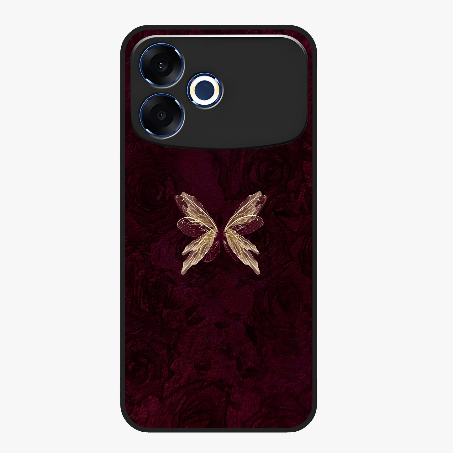 Crimson Fade Butterfly Glass Case showing flat back view with fading butterfly artwork and glossy glass finish.