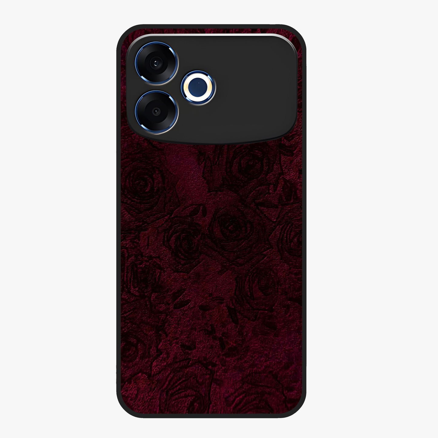 Crimson Fade Flow Glass Case showing flat back view with flowing crimson gradient artwork and glossy glass finish.