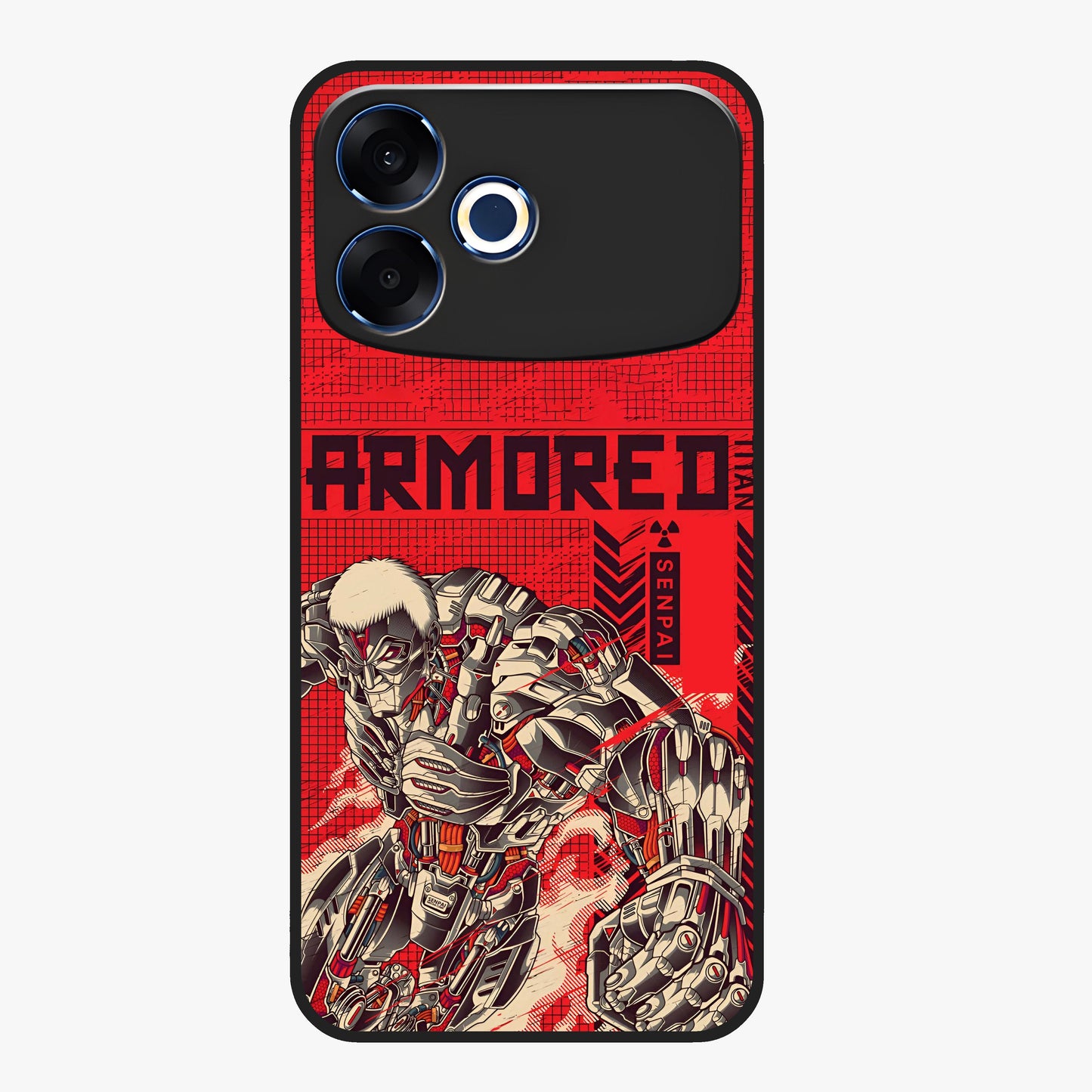 Crimson Mecha Titan Glass Case showing flat back view with powerful mech titan artwork and glossy glass finish.