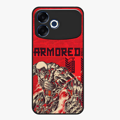 Crimson Mecha Titan Glass Case showing flat back view with powerful mech titan artwork and glossy glass finish.