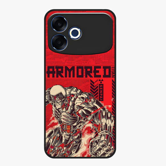 Crimson Mecha Titan Glass Case showing flat back view with powerful mech titan artwork and glossy glass finish.