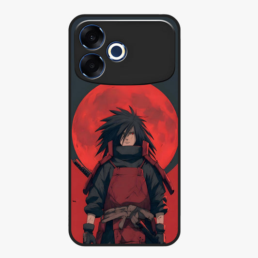 Crimson Moon Warlord Glass Case showing flat back view with mystical moon warrior artwork and glossy glass finish.