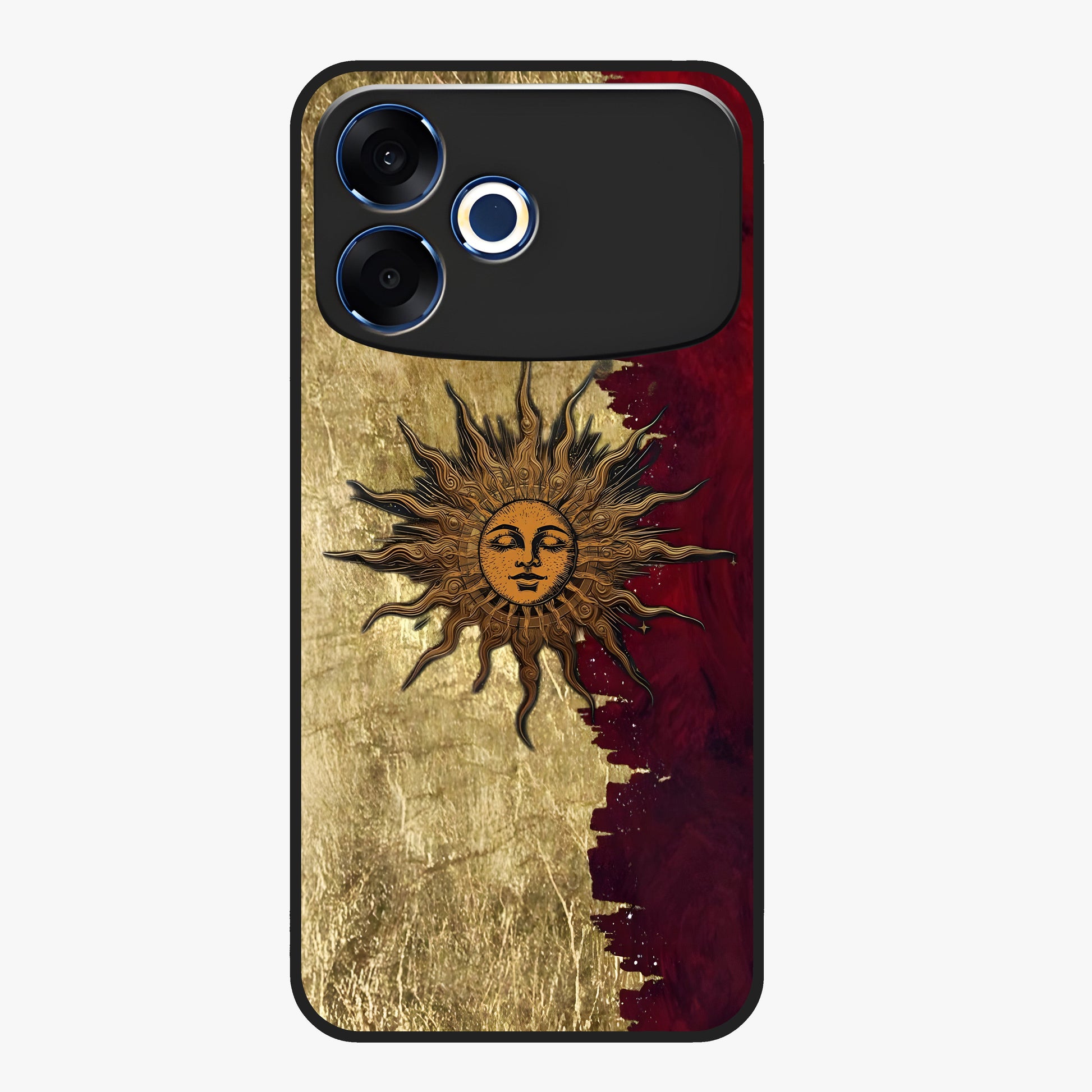 Crimson Sun Majesty Glass Case showing flat back view with radiant sun inspired artwork and glossy glass finish.