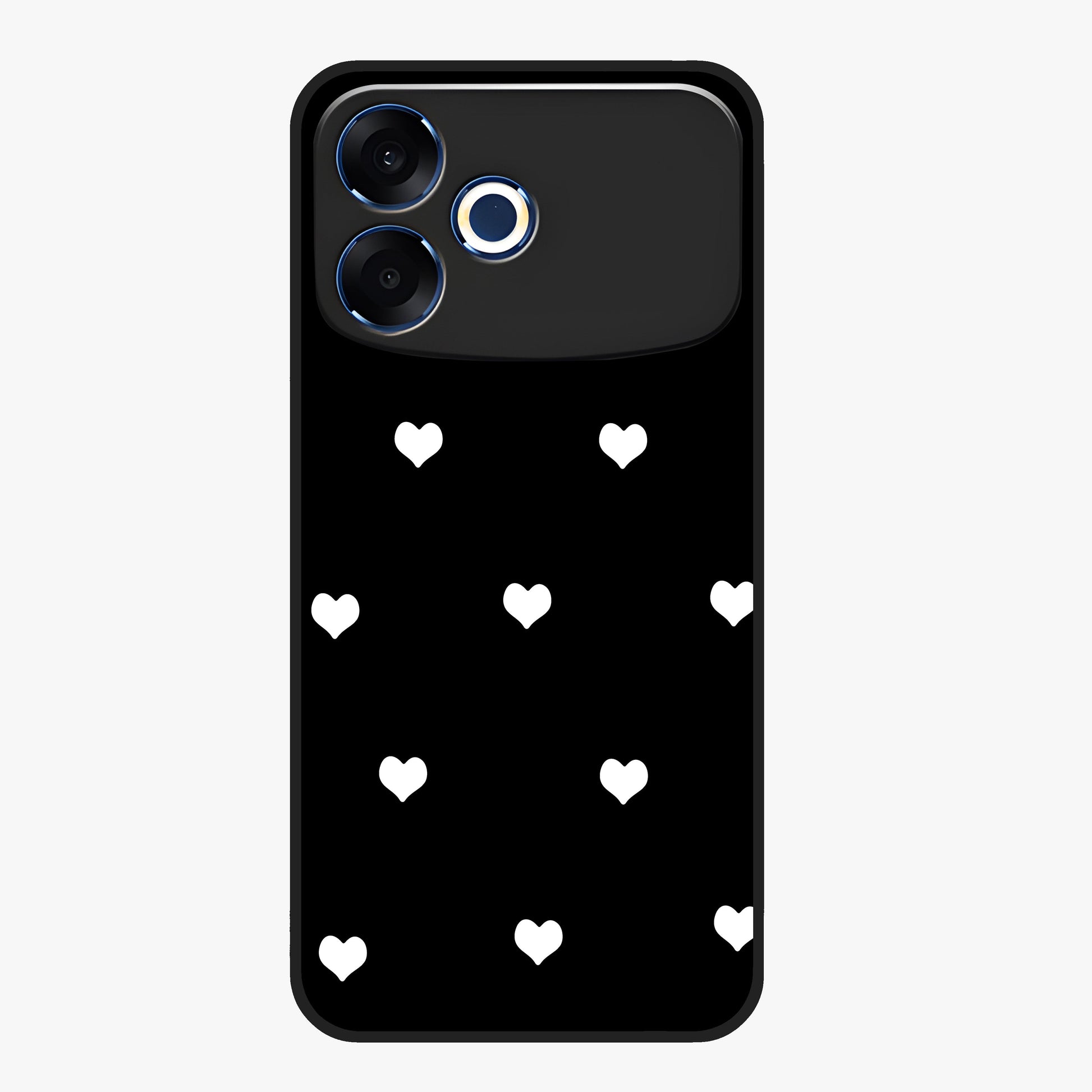 Cute And Simple White Hearts Glass Case showing flat back view with minimal white heart pattern and glossy glass finish.