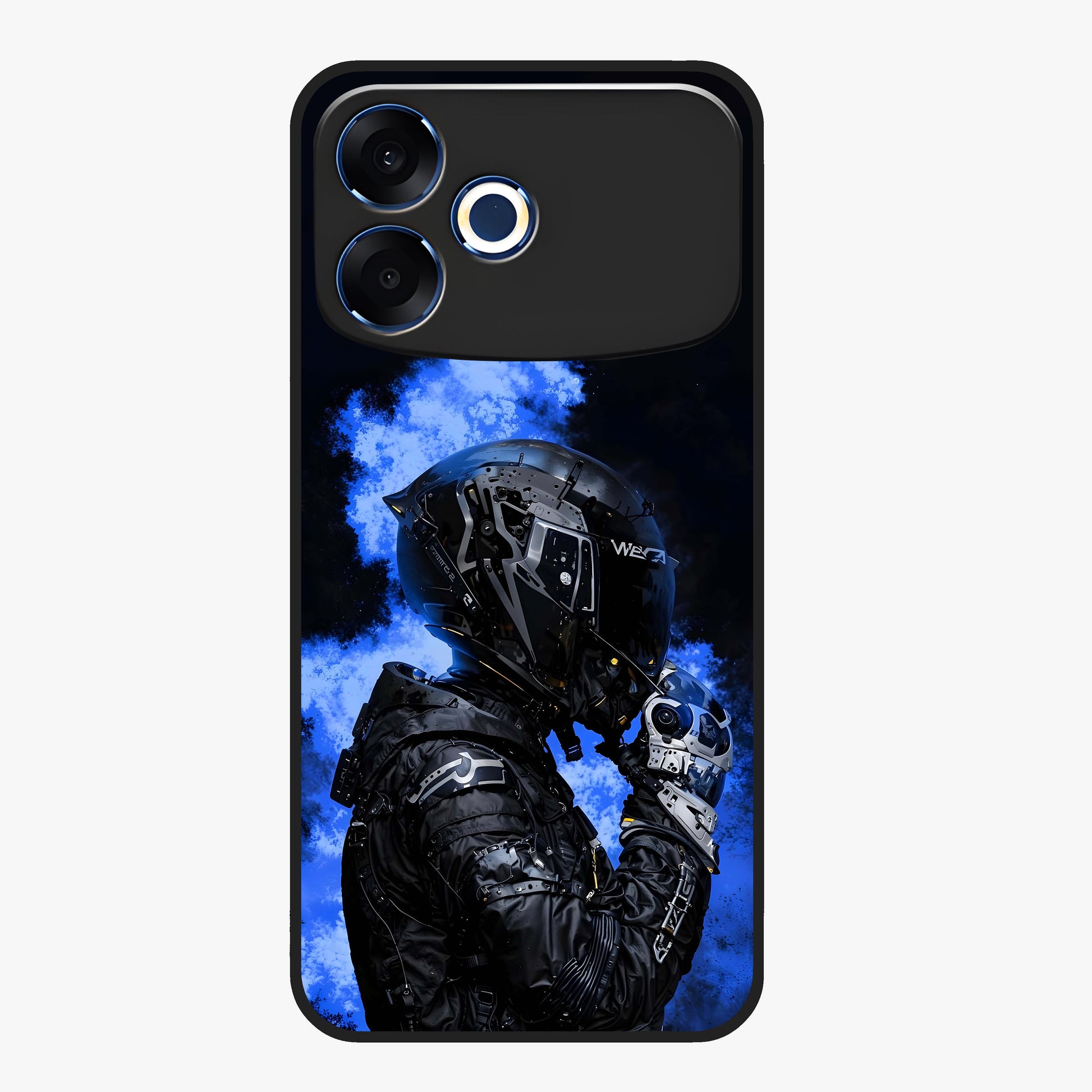 Cyber Sentinel Protocol Glass Case showing flat back view with futuristic cyber themed artwork and glossy glass finish.