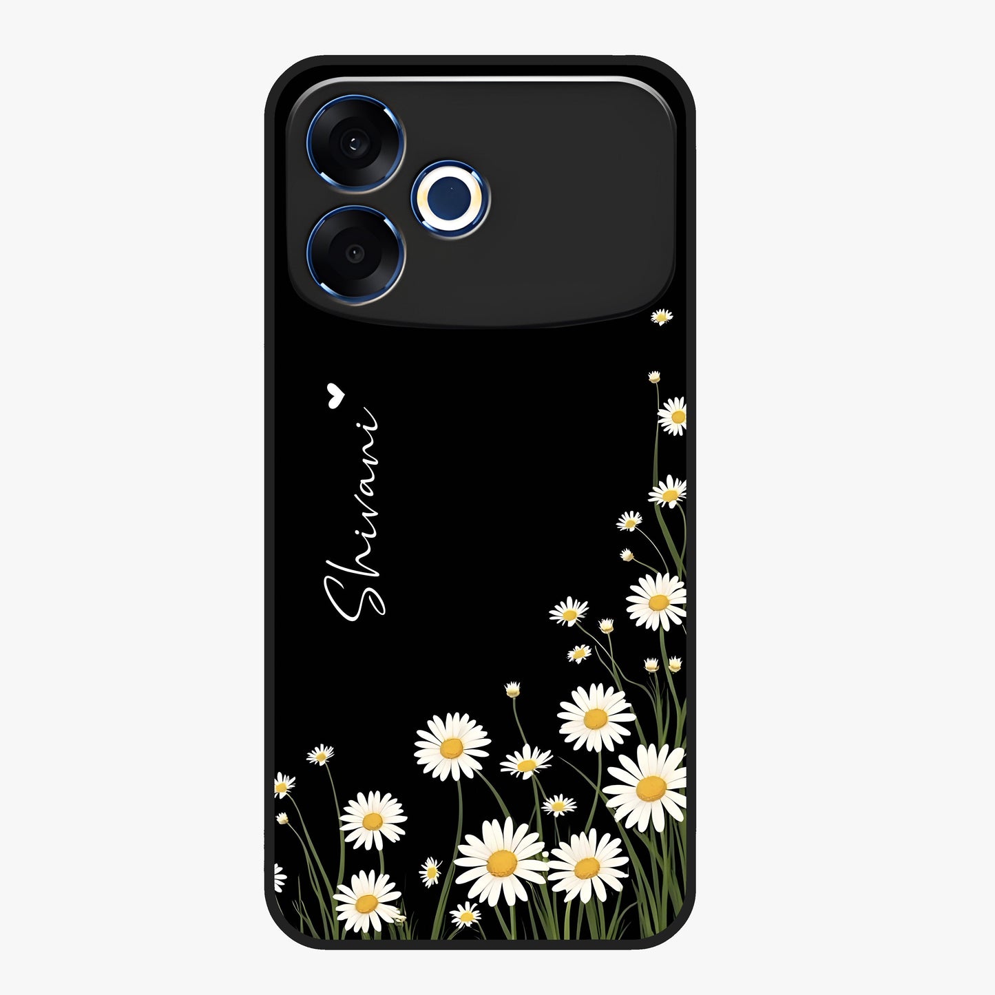Daisy Cascade Custom Name Glass Case showing flat back view with cascading daisy flowers and personalized name design.