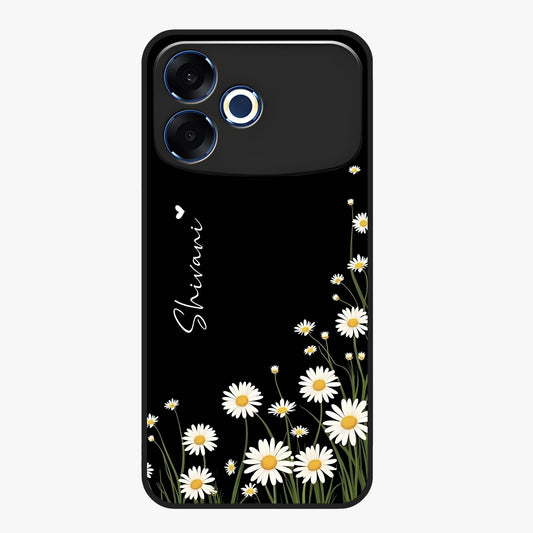 Daisy Cascade Custom Name Glass Case showing flat back view with cascading daisy flowers and personalized name design.