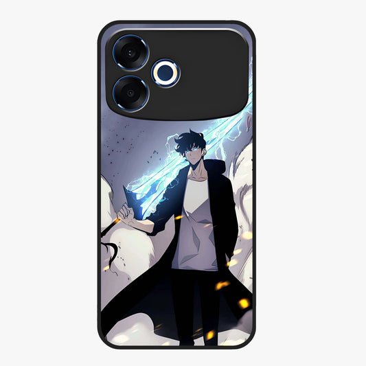 Dark Lightning Anime Warrior Glass Case showing flat back view with intense anime warrior artwork and glossy glass finish.