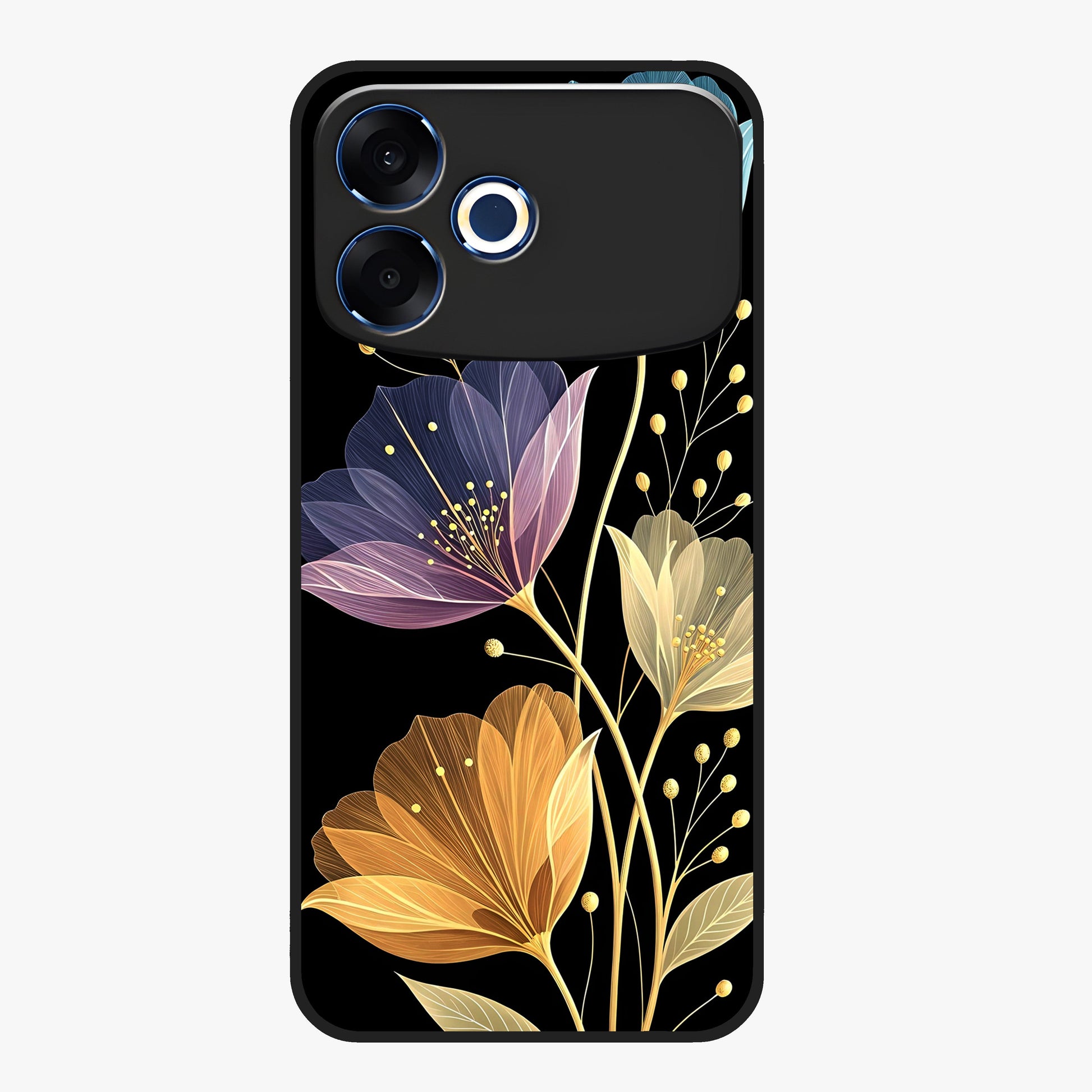 Delicate Multicolor Flowers Glass Case showing flat back view with vibrant floral artwork and glossy glass finish.